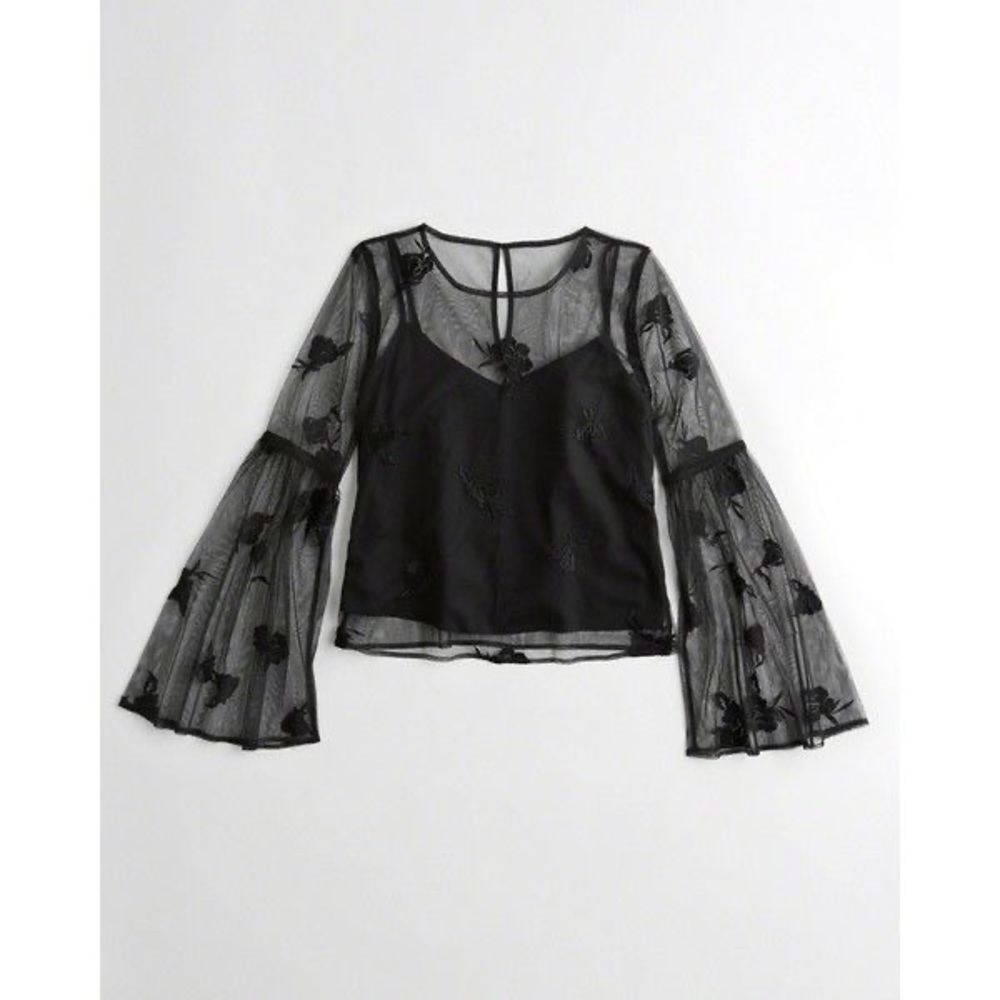 Hollister Floral Mesh Bell Sleeve Top